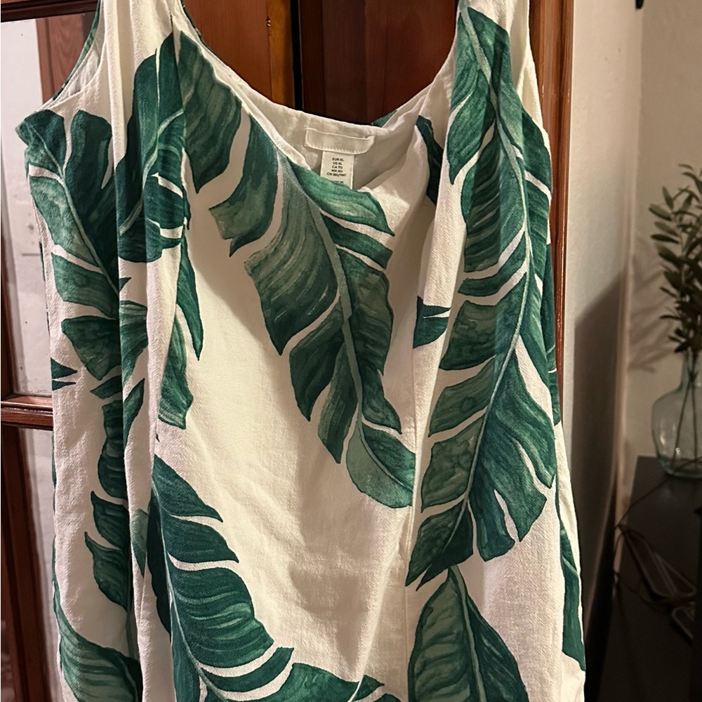 White linen dress with Green Leaf Print